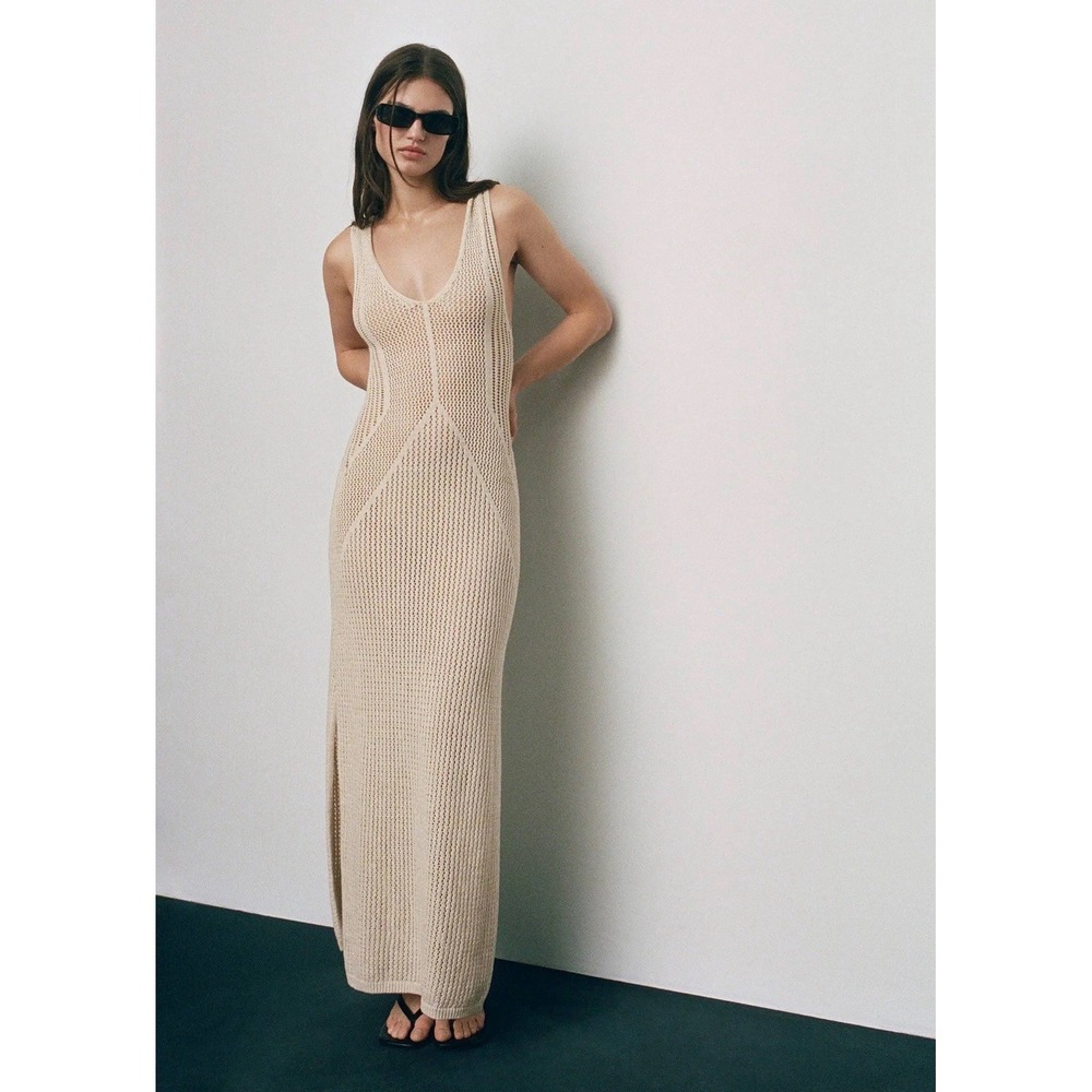 Mango Women's Slits Detail Openwork Knit Midi Summer Beach Boho Dress US Size 10